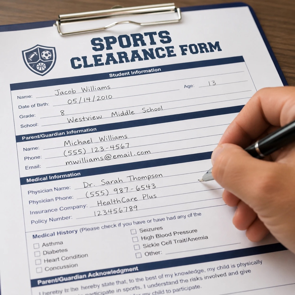 A sports clearance form being completed by hand