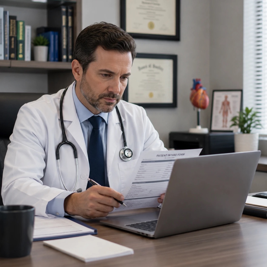A board-certified physician reviewing an intake at a laptop