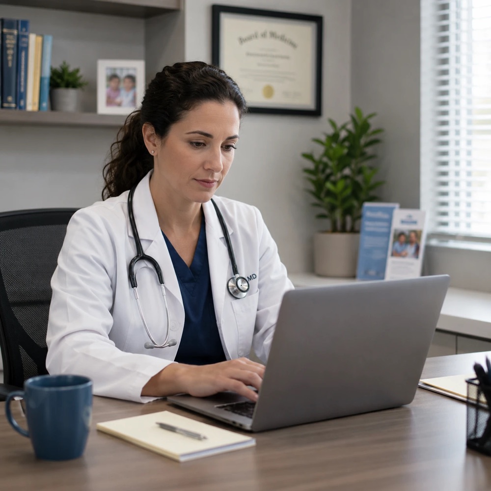A physician reviewing an intake form at a laptop